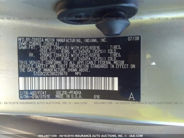 5TDZK23C39S228619 - 2009 TOYOTA SIENNA CE/LE GOLD photo 9