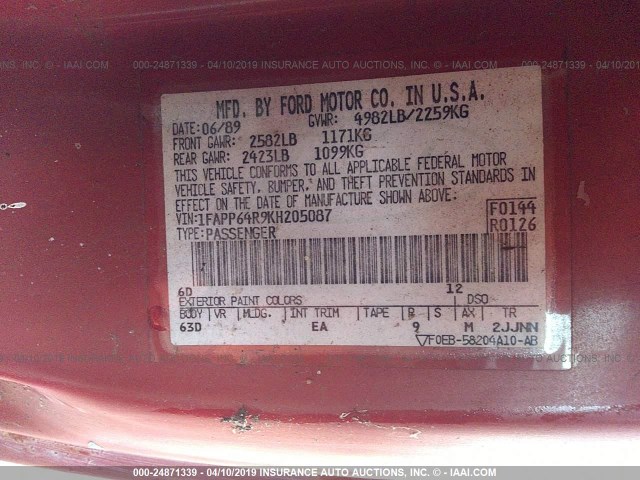 1FAPP64R9KH205087 - 1989 FORD THUNDERBIRD SUPER COUPE RED photo 9
