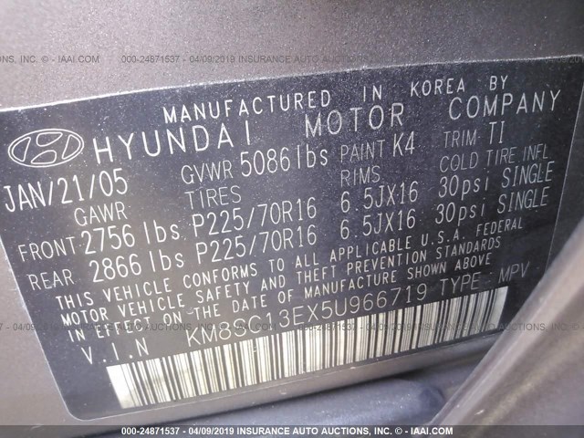 KM8SC13EX5U966719 - 2005 HYUNDAI SANTA FE GLS/LX TAN photo 9