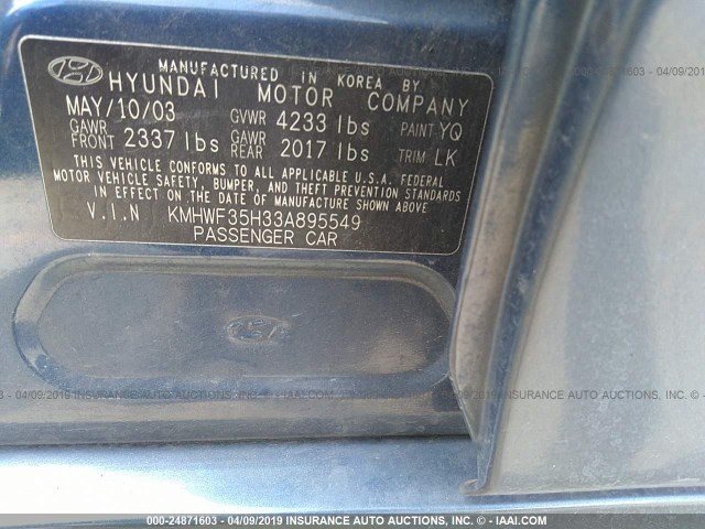 KMHWF35H33A895549 - 2003 HYUNDAI SONATA GLS/LX BLUE photo 9