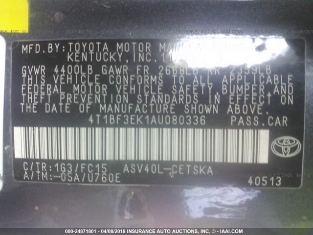 4T1BF3EK1AU080336 - 2010 TOYOTA CAMRY SE/LE/XLE GRAY photo 9