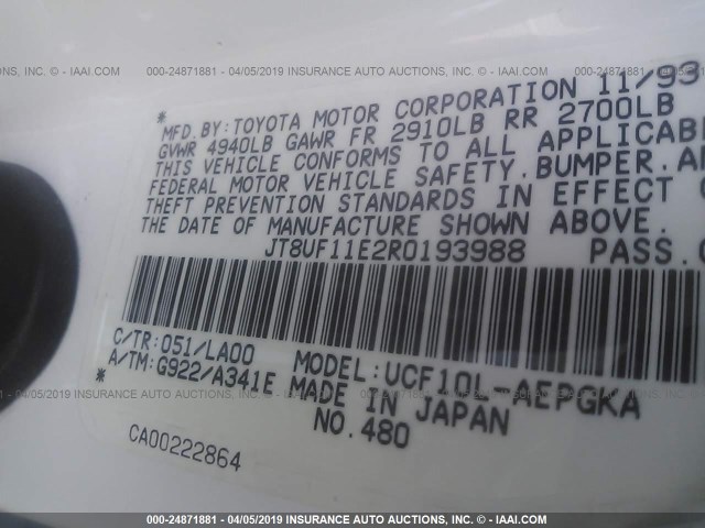 JT8UF11E2R0193988 - 1994 LEXUS LS 400 WHITE photo 9