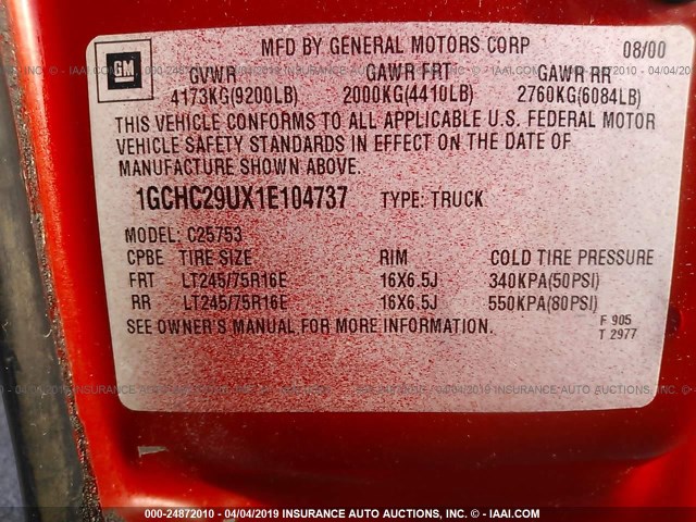 1GCHC29UX1E104737 - 2001 CHEVROLET SILVERADO C2500 HEAVY DUTY RED photo 9