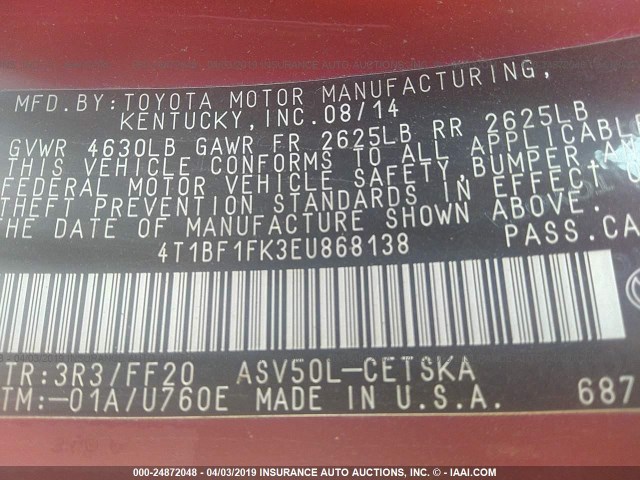 4T1BF1FK3EU868138 - 2014 TOYOTA CAMRY L/SE/LE/XLE 红色 照片 9