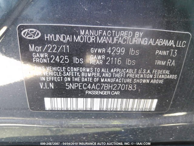 5NPEC4AC7BH270183 - 2011 HYUNDAI SONATA SE/LIMITED BLUE photo 9