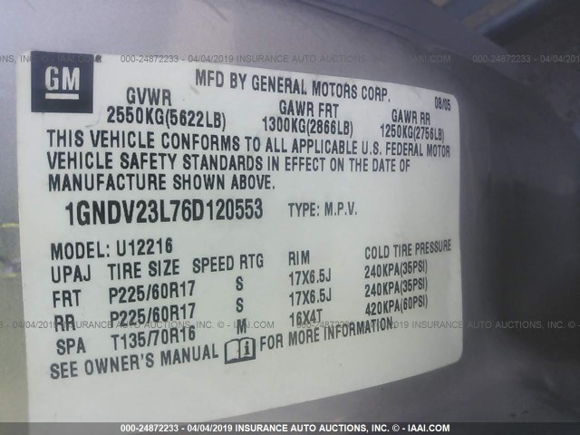 1GNDV23L76D120553 - 2006 CHEVROLET UPLANDER LS SILVER photo 9