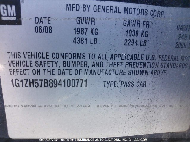 1G1ZH57B894100771 - 2009 CHEVROLET MALIBU 1LT 黑色 照片 9