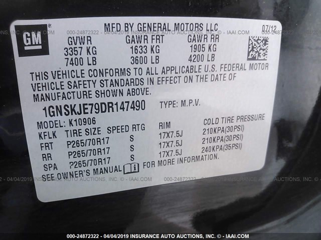 1GNSKJE79DR147490 - 2013 CHEVROLET SUBURBAN K1500 LT BLACK photo 9