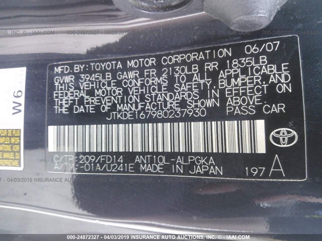 JTKDE167980237930 - 2008 TOYOTA SCION TC BLACK photo 9