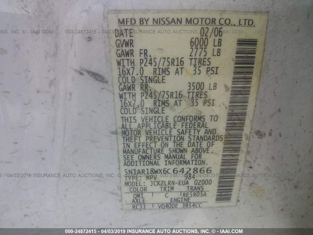 5N1AR18WX6C642866 - 2006 NISSAN PATHFINDER LE/SE/XE WHITE photo 9