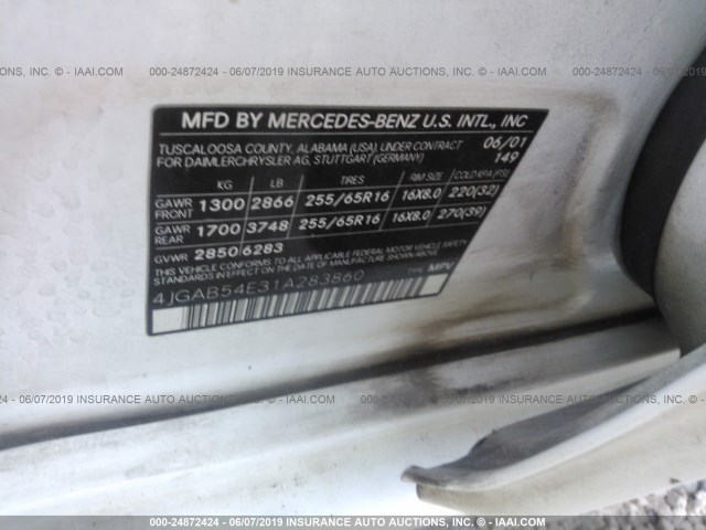 4JGAB54E31A283860 - 2001 MERCEDES-BENZ ML 320 WHITE photo 9