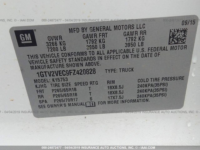 1GTV2VEC9FZ420828 - 2015 GMC SIERRA K1500 SLT WHITE photo 9