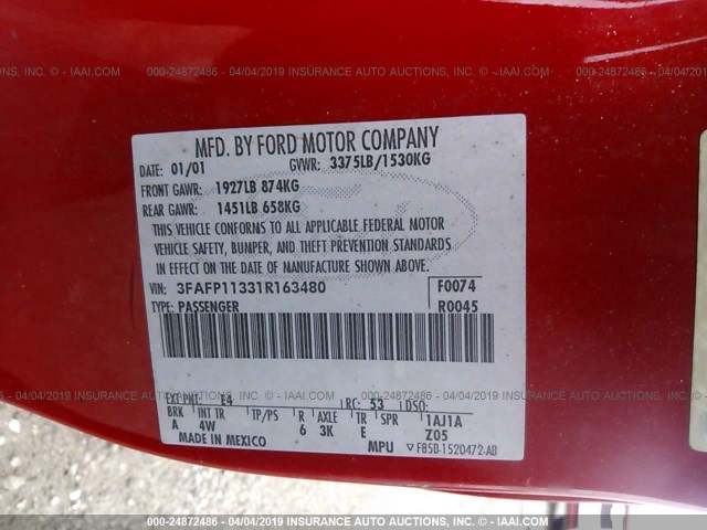 3FAFP11331R163480 - 2001 FORD ESCORT ZX2 RED photo 9