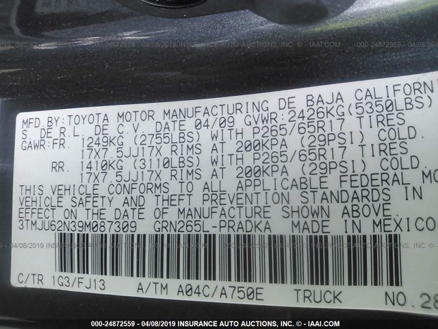 3TMJU62N39M087309 - 2009 TOYOTA TACOMA DOUBLE CAB PRERUNNER GRAY photo 9
