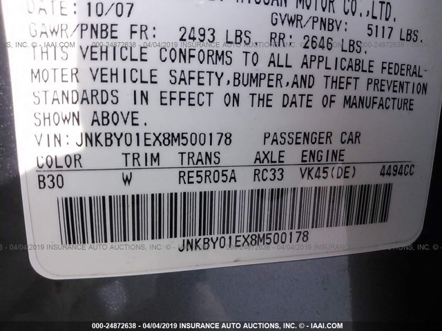 JNKBY01EX8M500178 - 2008 INFINITI M45 SPORT ნაცრისფერი ფოტო 9