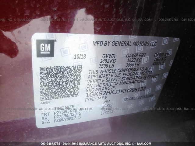 1GKS2HKJ1KR206132 - 2019 GMC YUKON XL DENALI RED photo 9