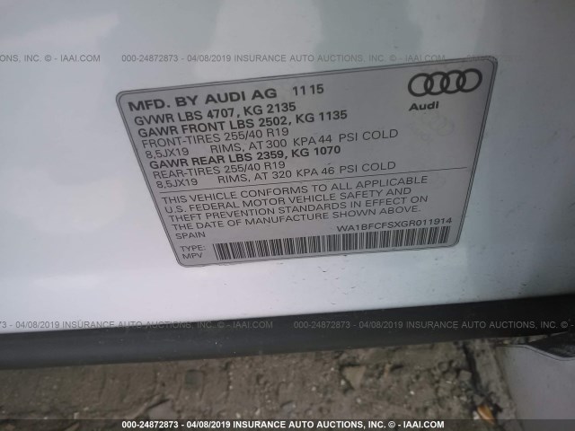 WA1BFCFSXGR011914 - 2016 AUDI Q3 PREMIUM PLUS WHITE photo 9