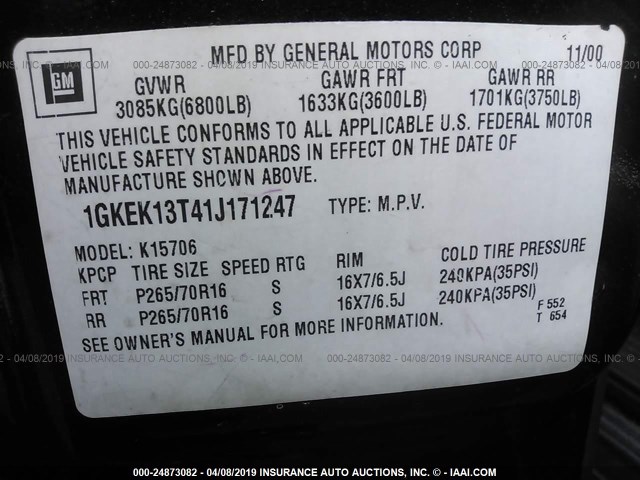 1GKEK13T41J171247 - 2001 GMC YUKON BLACK photo 9