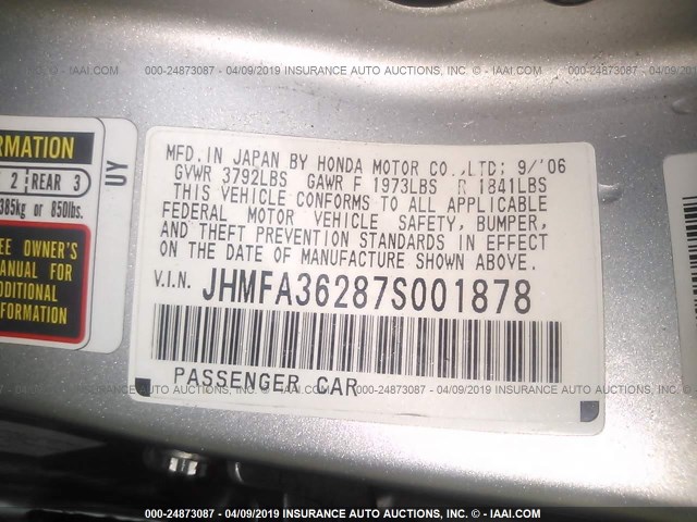 JHMFA36287S001878 - 2007 HONDA CIVIC HYBRID SILVER photo 9