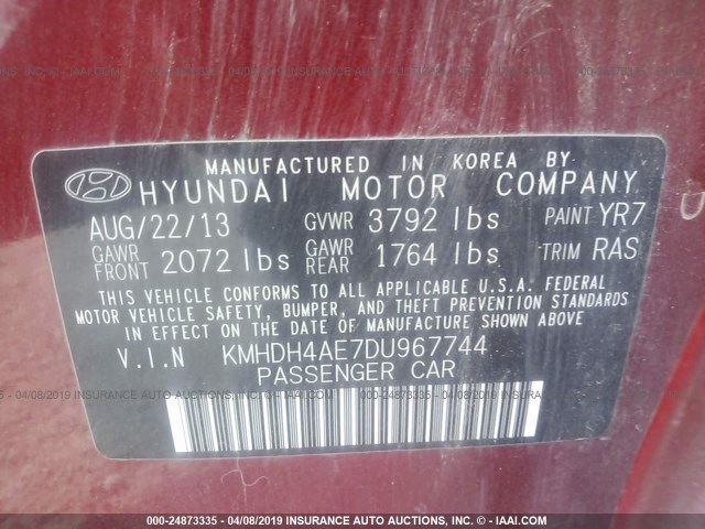 KMHDH4AE7DU967744 - 2013 HYUNDAI ELANTRA GLS/LIMITED RED photo 9