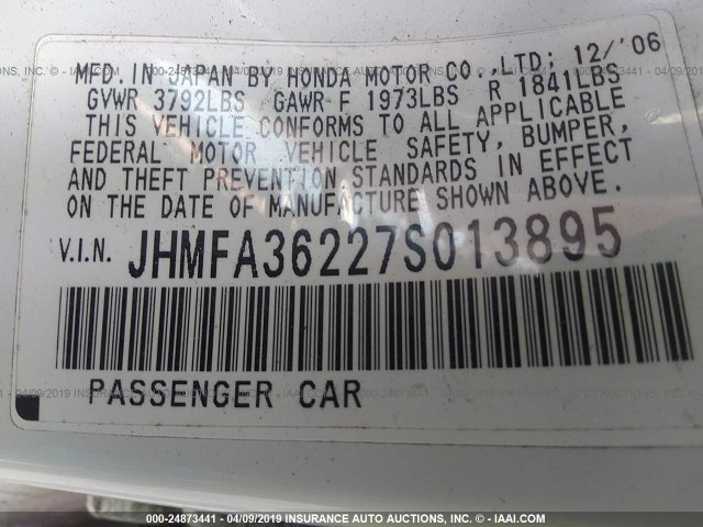 JHMFA36227S013895 - 2007 HONDA CIVIC HYBRID WHITE photo 9