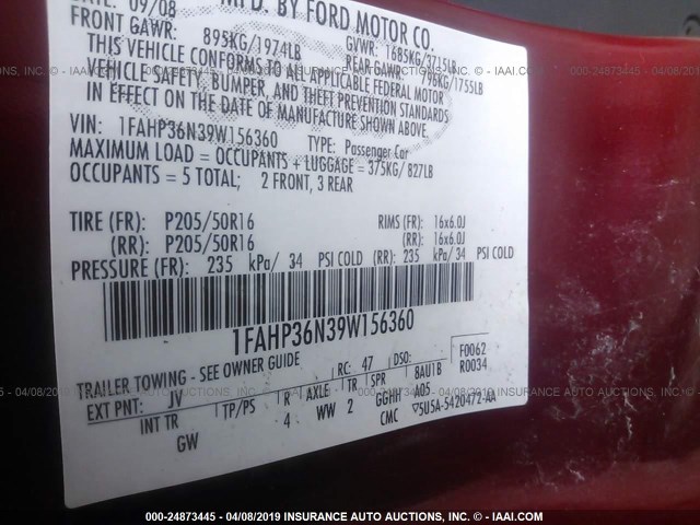 1FAHP36N39W156360 - 2009 FORD FOCUS SES RED photo 9