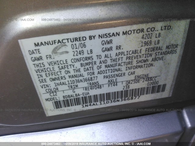 1N4AL11D36N366877 - 2006 NISSAN ALTIMA S/SL GOLD photo 9