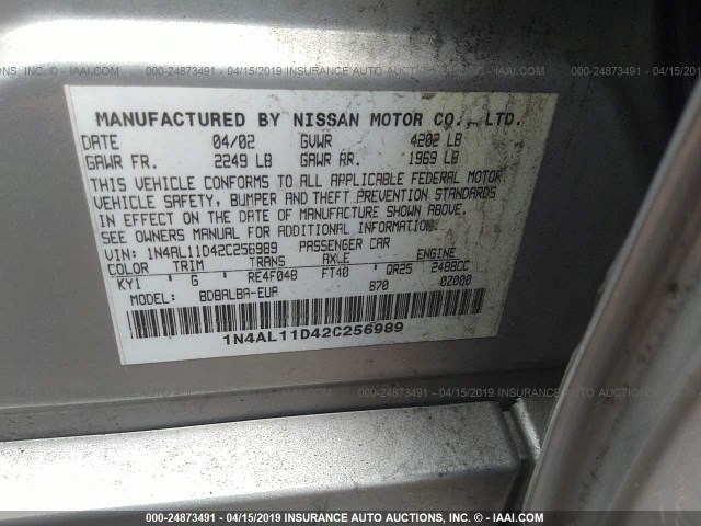 1N4AL11D42C256989 - 2002 NISSAN ALTIMA S/SL SILVER photo 9