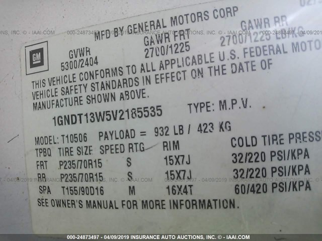 1GNDT13W5V2185535 - 1997 CHEVROLET BLAZER SILVER photo 9