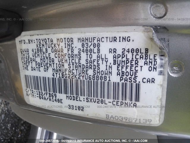 4T1BG22K2YU688081 - 2000 TOYOTA CAMRY CE/LE/XLE 棕色 照片 9