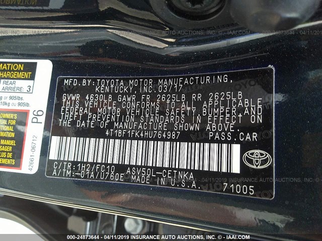 4T1BF1FK4HU764987 - 2017 TOYOTA CAMRY LE/XLE/SE/XSE BLACK photo 9