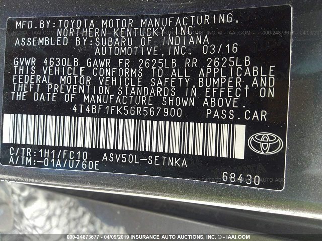 4T4BF1FK5GR567900 - 2016 TOYOTA CAMRY LE/XLE/SE/XSE GRAY photo 9