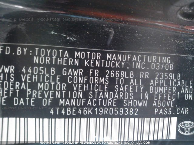 4T4BE46K19R059382 - 2009 TOYOTA CAMRY SE/LE/XLE BLACK photo 9