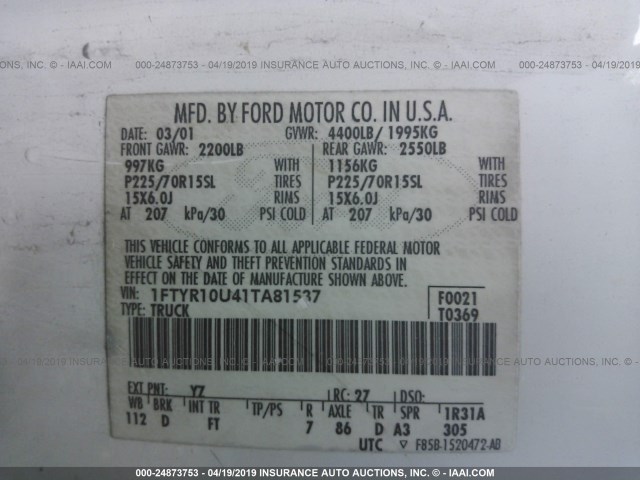 1FTYR10U41TA81537 - 2001 FORD RANGER WHITE photo 9