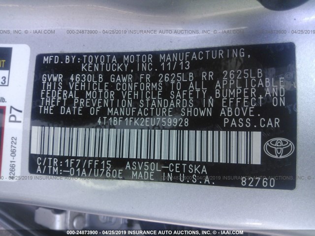 4T1BF1FK2EU759928 - 2014 TOYOTA CAMRY L/SE/LE/XLE 银色 照片 9