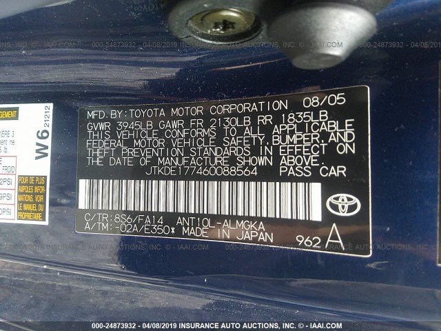 JTKDE177460088564 - 2006 TOYOTA SCION TC მუქი ლურჯი ფოტო 9