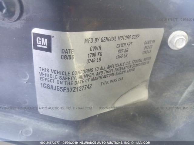 1G8AJ55F37Z127742 - 2007 SATURN ION LEVEL 2 WHITE photo 9