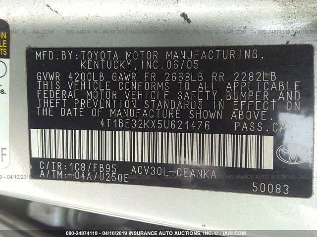 4T1BE32KX5U621476 - 2005 TOYOTA CAMRY LE/XLE/SE SILVER photo 9