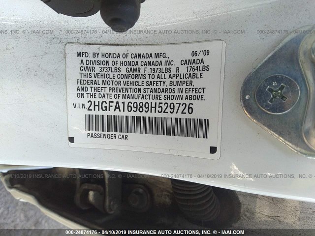 2HGFA16989H529726 - 2009 HONDA CIVIC EXL WHITE photo 9