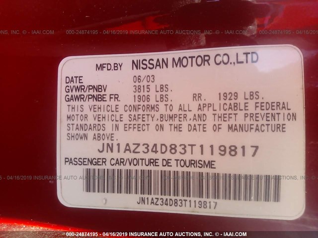 JN1AZ34D83T119817 - 2003 NISSAN 350Z COUPE RED photo 9