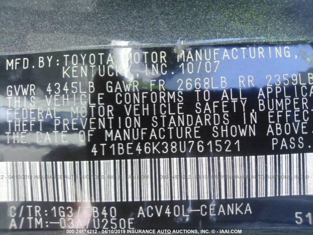 4T1BE46K38U761521 - 2008 TOYOTA CAMRY CE/LE/XLE/SE GRAY photo 9
