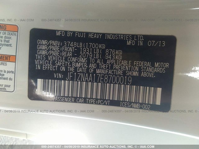 JF1ZNAA17E8700019 - 2014 TOYOTA SCION FR-S WHITE photo 9