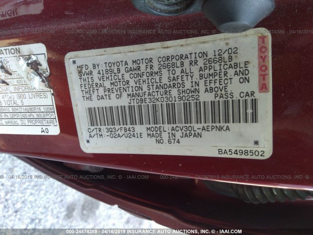 JTDBE32K030190252 - 2003 TOYOTA CAMRY LE/XLE Rot Foto 9