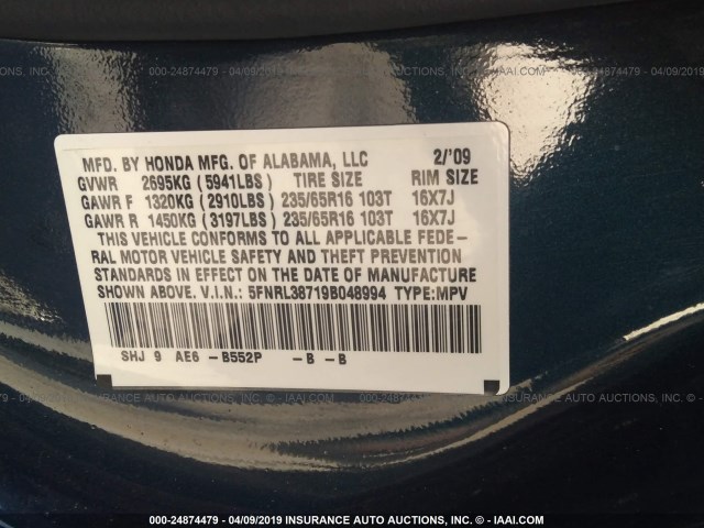 5FNRL38719B048994 - 2009 HONDA ODYSSEY EXL BLUE photo 9