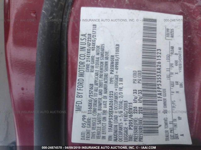 1FAFP53S5XA261523 - 1999 FORD TAURUS SE/COMFORT/SPORT RED photo 9