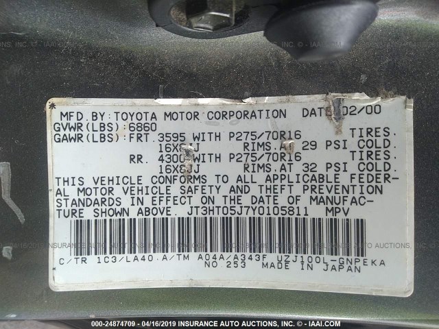 JT3HT05J7Y0105811 - 2000 TOYOTA LAND CRUISER  GRAY photo 9