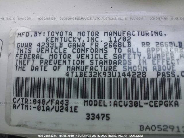 4T1BE32K93U144228 - 2003 TOYOTA CAMRY LE/XLE/SE WHITE photo 9