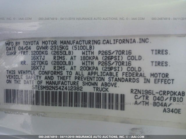 5TESM92N54Z412382 - 2004 TOYOTA TACOMA XTRACAB PRERUNNER თეთრი ფოტო 9