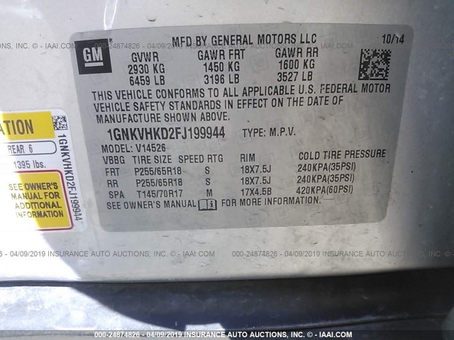 1GNKVHKD2FJ199944 - 2015 CHEVROLET TRAVERSE LT SILVER photo 9