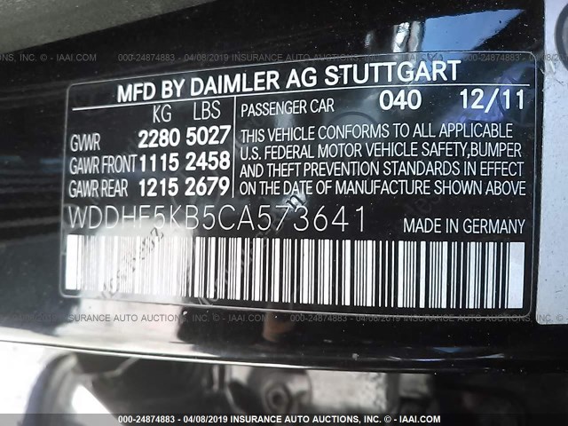 WDDHF5KB5CA573641 - 2012 MERCEDES-BENZ E 350 BLACK photo 9